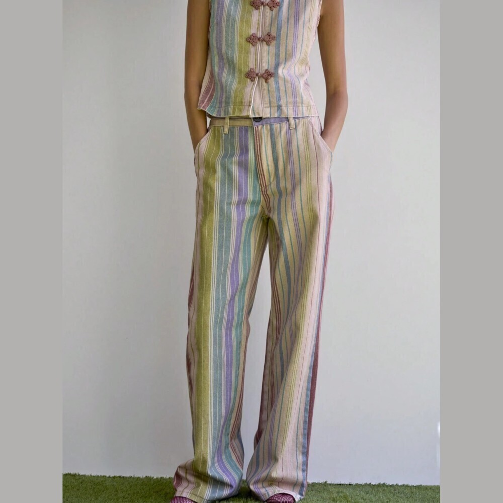 Multicolor Candy Striped Denim Wide Leg Extra Long Jeans